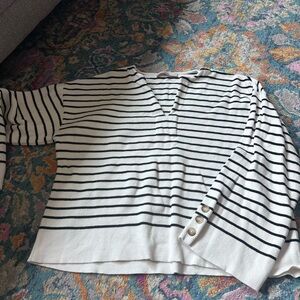 Loft Striped V-Neck Sweater with Button Detail